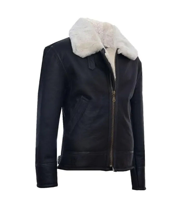Three-quarter angle view of a Cream Black Leather Bomber Shearling Aviator Jacket displaying side slash pockets and structured plain cuffs.