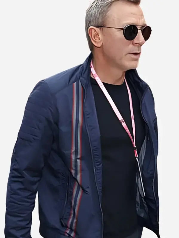 No Time To Die Daniel Craig navy jacket outdoor street style look
