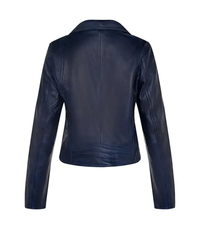Rear perspective of a women's dark blue biker leather jacket displaying fitted back seam stitching and bottom hemline detail.