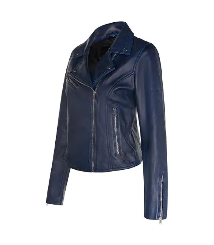 Angled front view of a women's dark blue biker leather jacket highlighting zipper cuffs, asymmetrical front closure, and lapel hardware.