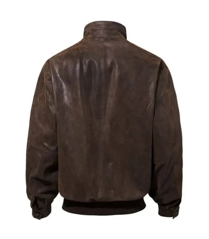 Rear view of Dark Brown Flight Leather Bomber Jacket featuring back paneling, stand-up collar, buttoned cuffs, and ribbed waist edge.