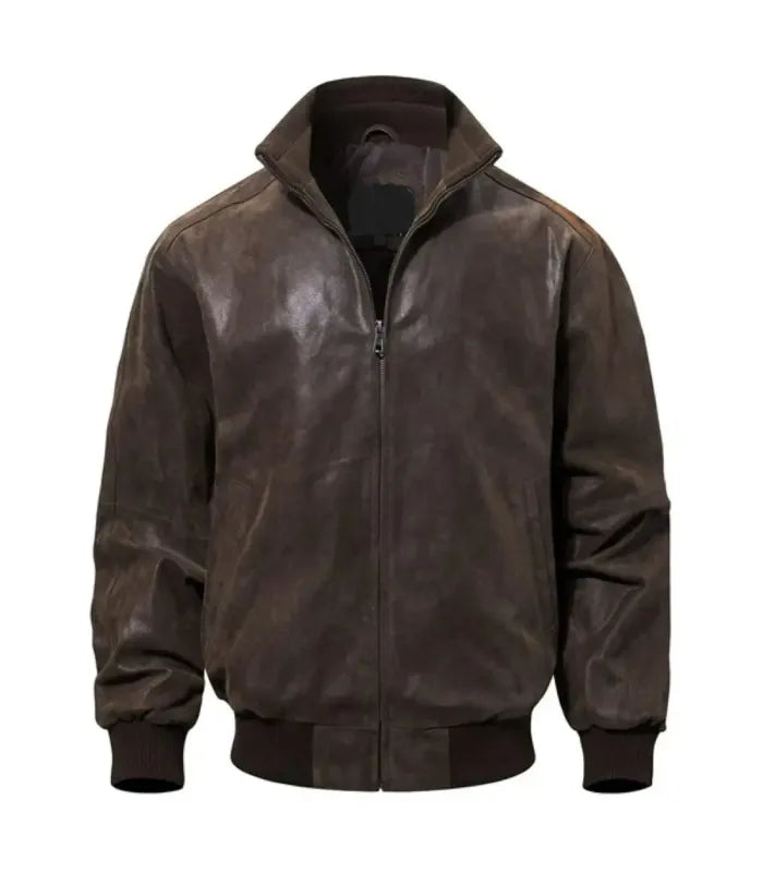 Front view of Dark Brown Flight Leather Bomber Jacket featuring zip-up closure, stand collar, slant pockets, and ribbed hem.