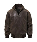 Front view of Dark Brown Flight Leather Bomber Jacket featuring zip-up closure, stand collar, slant pockets, and ribbed hem.