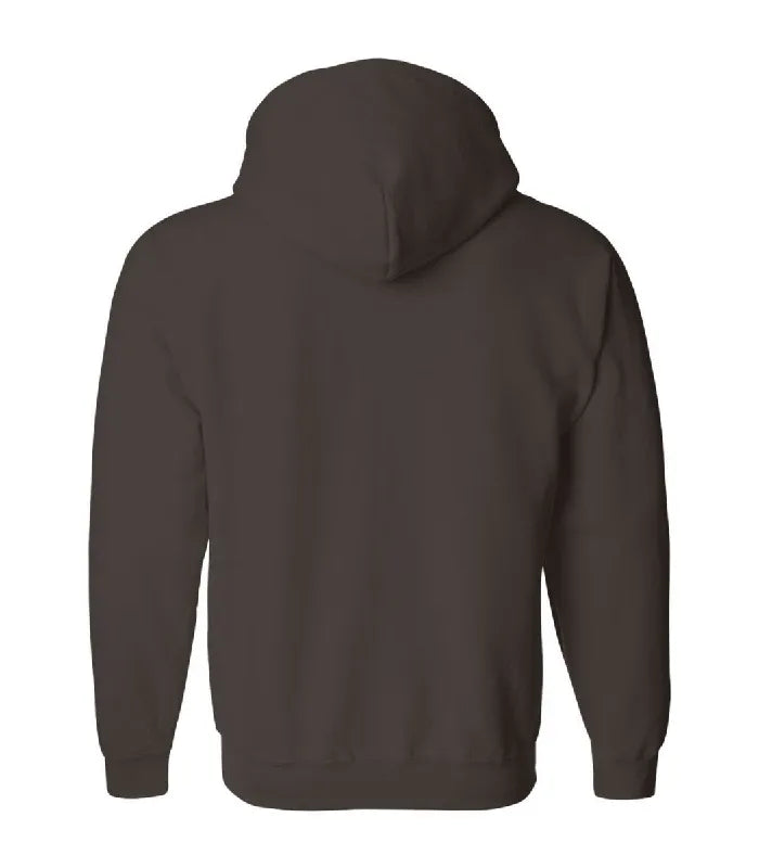 A dark brown zipper hoodie shown from the back, displayed on a clean white background.
