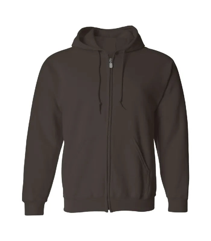 Front view of dark brown zipper hoodie featuring a full zipper closure, matching drawstrings, split kangaroo pockets, and ribbed cuffs.