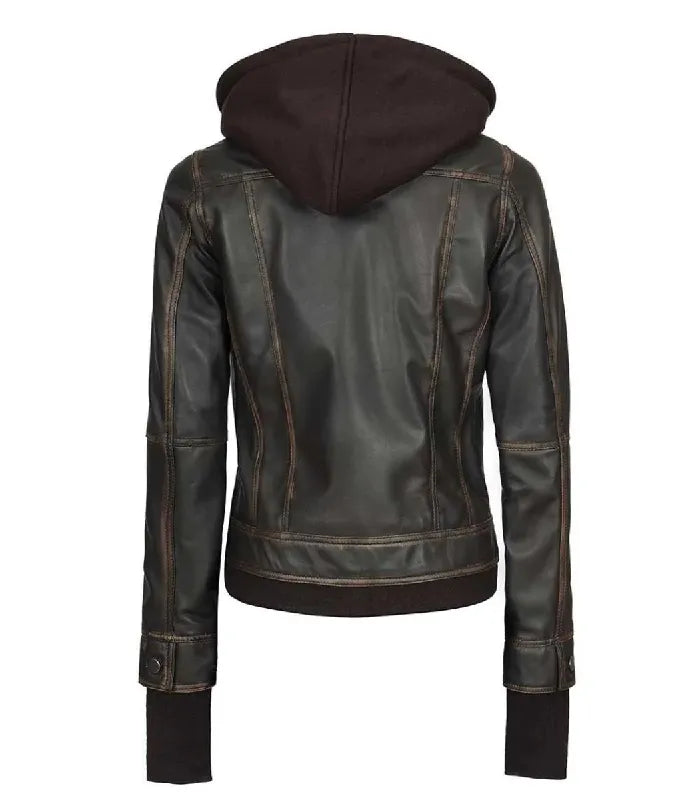Rear view of a women's dark brown hooded leather bomber jacket displaying structured vertical back seams, a dark fleece hood, and ribbed waist trim.