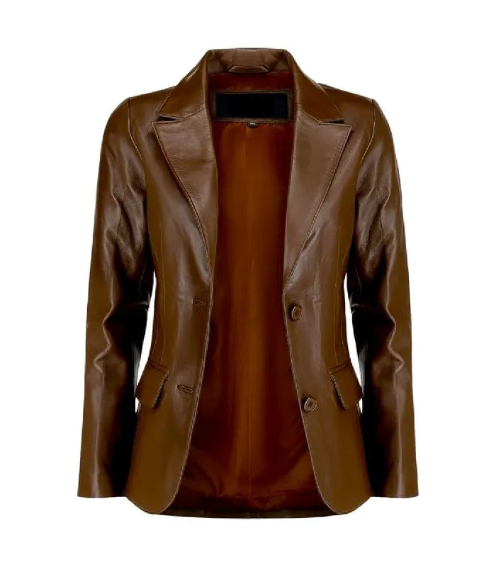 Front open view of a Womens Dark Brown Leather Blazer revealing smooth color-matched inner lining, wide lapels, and flap pockets.