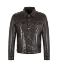 A dark brown leather jacket with a pointed collar, button-up front, and vertical channel stitching on the chest shown against a plain white background.