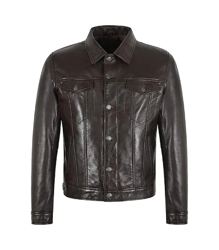 A dark brown leather jacket with a pointed collar, button-up front, and vertical channel stitching on the chest shown against a plain white background.