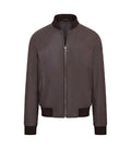 Direct front view of a dark brown varsity bomber jacket featuring full zip closure, ribbed waist hem, and ribbed stand-up collar.
