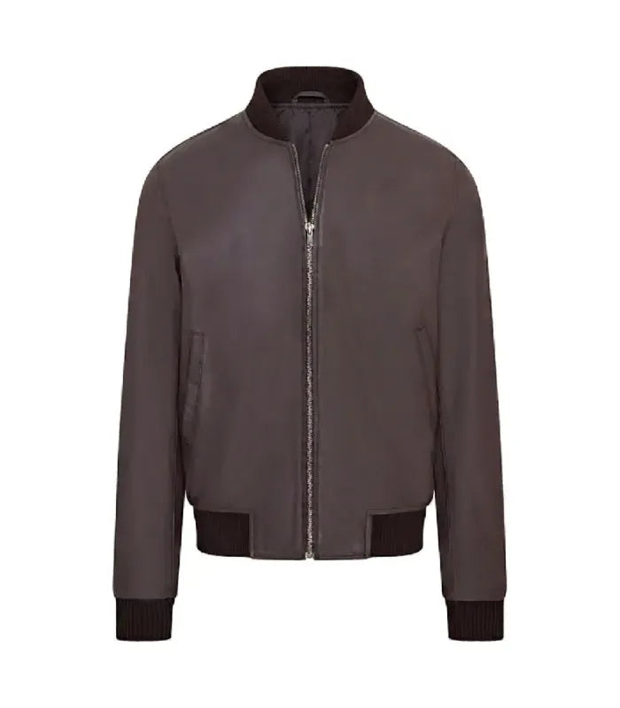 Direct front view of a dark brown varsity bomber jacket featuring full zip closure, ribbed waist hem, and ribbed stand-up collar.