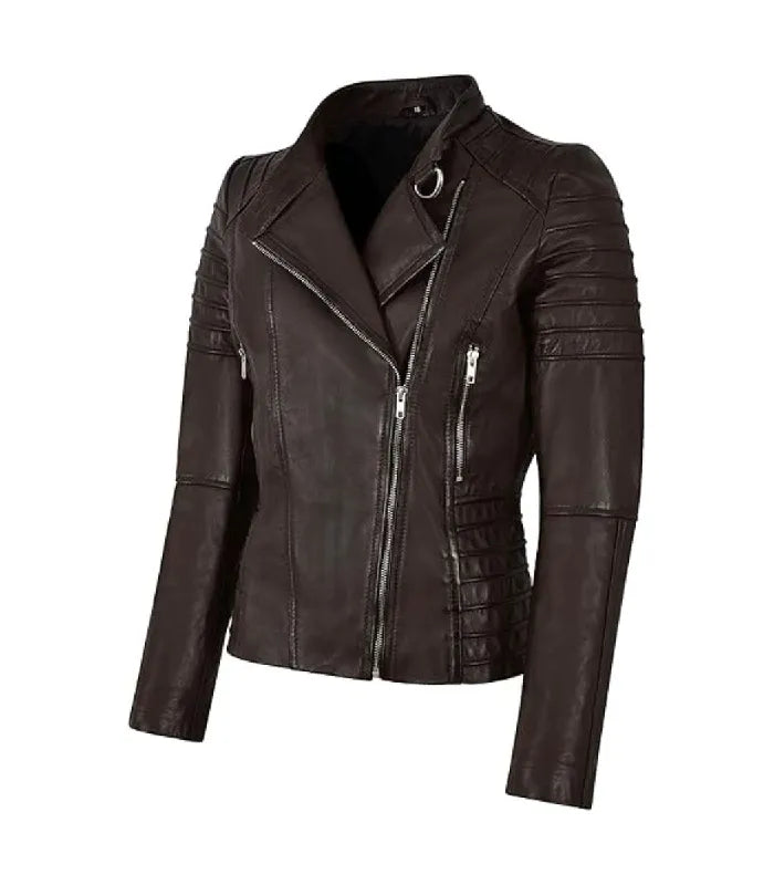 Three-quarter view of a Womens Dark Brown Quilted Leather Biker Jacket displaying smooth dark brown leather, side waist paneling and zippered sleeve accents.