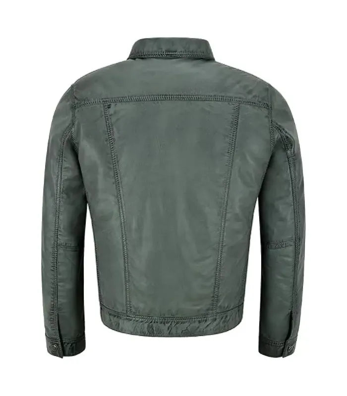 A dark grey leather jacket shown from the back, featuring vertical seam detailing and a collar, set against a plain white background.