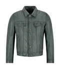 Front view of a dark grey leather trucker jacket featuring twin buttoned flap chest pockets, central metal button closure, and a structured collar.