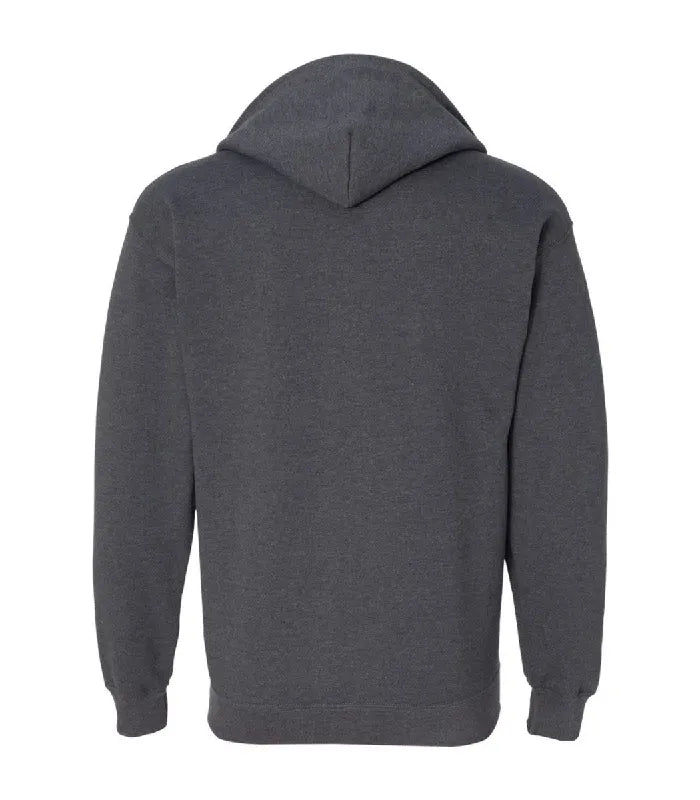 Rear view of dark heather zipper hoodie featuring a clean fleece back panel, attached hood, long sleeves, and fitted ribbed waist hemline.
