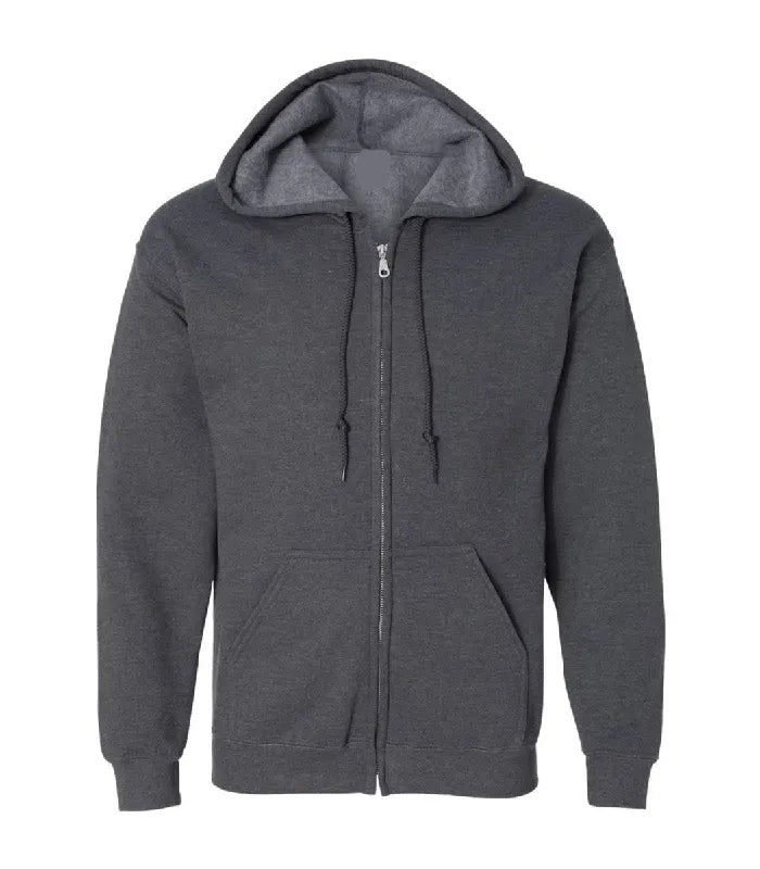 Front view of dark heather zipper hoodie featuring a full zipper closure, matching drawstrings, split kangaroo pockets, and ribbed cuffs.