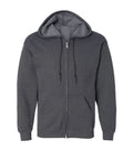 Front view of dark heather zipper hoodie featuring a full zipper closure, matching drawstrings, split kangaroo pockets, and ribbed cuffs.