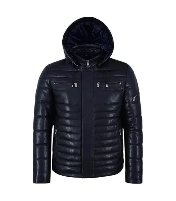 Front view of a Dark Navy Hooded Leather Puffer Jacket with a full zip closure, protective front placket, high stand collar, fitted hood, and dual zipper chest pockets.