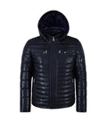 Front view of a Dark Navy Hooded Leather Puffer Jacket with a full zip closure, protective front placket, high stand collar, fitted hood, and dual zipper chest pockets.