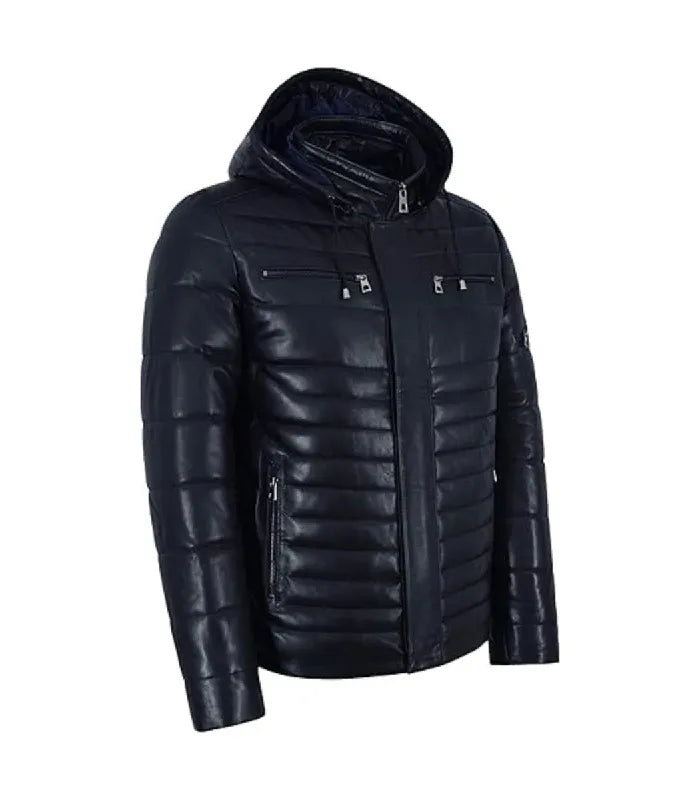 Three-quarter view of a Dark Navy Hooded Leather Puffer Jacket highlighting silver metal hardware, quilted sleeve construction, adjustable hood drawstrings, and zipper hand pockets.