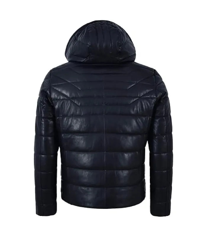 Rear view of a Dark Navy Hooded Leather Puffer Jacket showcasing horizontal quilted baffles with chevron-style shoulder stitching, a full-coverage leather hood, and a clean lower hem.