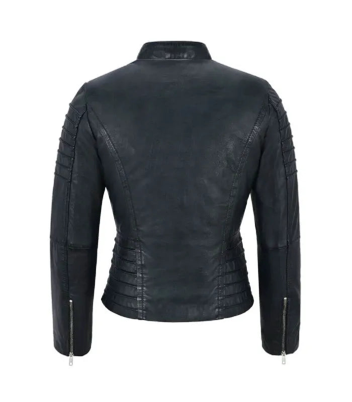 Black leather motorcycle jacket shown from the back, featuring a stand collar, vertical quilted stitching on the shoulders and waist, and zippered cuffs, displayed on a solid white background.