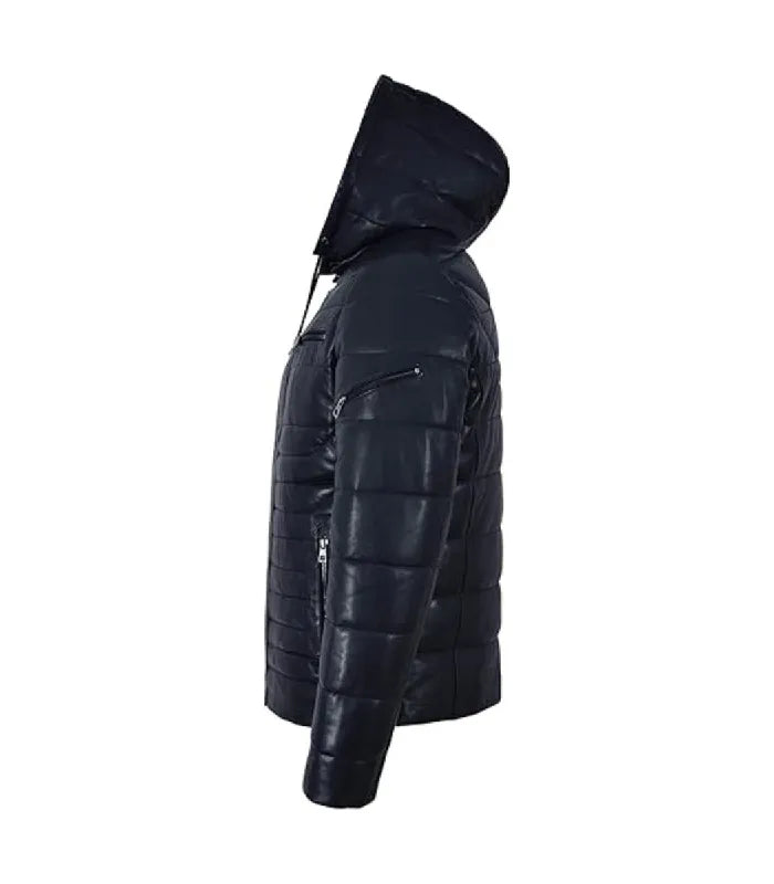 Side view of a Dark Navy Hooded Leather Puffer Jacket featuring horizontal quilted padding, an upper arm zipper pocket, attached hood, and a side zipper waist pocket.