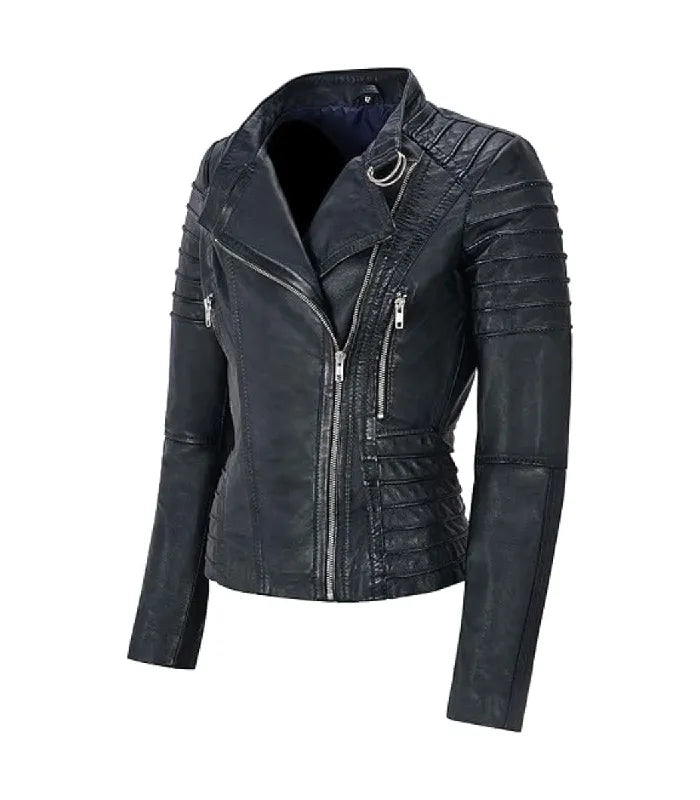 Three-quarter side view of a Women's Dark Navy Quilted Leather Biker Jacket displaying textured leather finish, side waist paneling and zippered details.