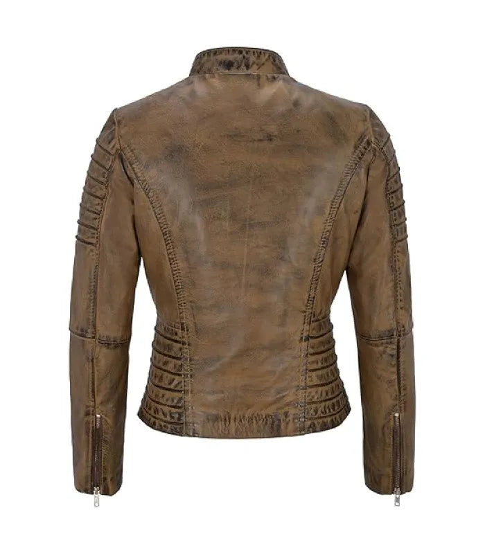 Rear view of a Womens Dirty Brown Quilted Leather Biker Jacket displaying structured back paneling, distressed brown finish, and zippered wrist cuffs.