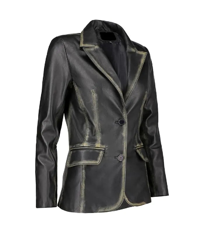 Three-quarter angle view of a Womens Distressed Black Leather Blazer displaying vintage rub-off edges, notch lapels, and flap pockets.