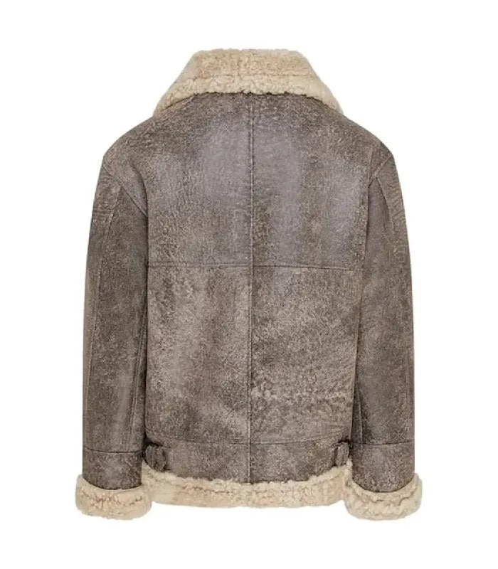 Rear view of a Distressed Grey Shearling Aviator Leather Bomber Jacket featuring panel seam stitching, a shearling-trimmed hem, and side waist adjustment buckles.