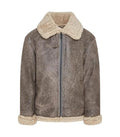 Front view of a Distressed Grey Shearling Aviator Leather Bomber Jacket with a full zip closure, plush shearling collar, and throat latch.