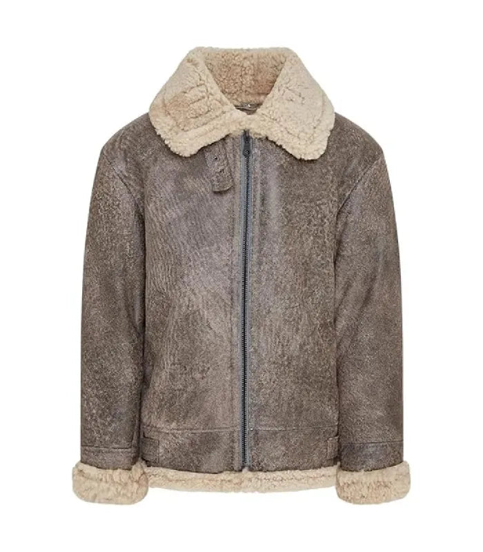 Front view of a Distressed Grey Shearling Aviator Leather Bomber Jacket with a full zip closure, plush shearling collar, and throat latch.