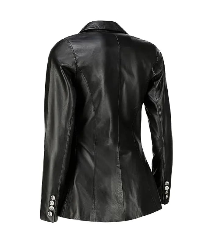 Rear view of Womens Double Breasted Black Leather Blazer featuring structured back tailoring panels, silver cuff buttons, and notch collar.