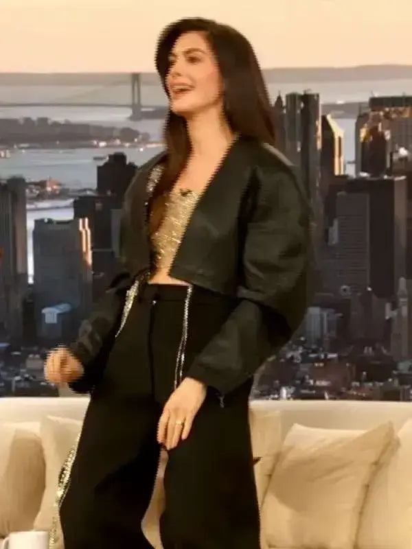 Anne Hathaway outfit from The Drew Barrymore Show styled with a black cropped jacket
