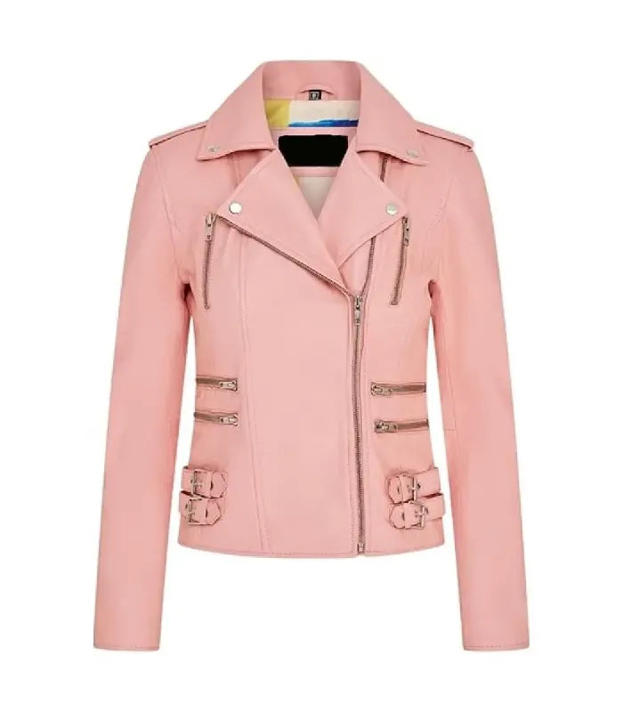 Front view of Ella baby pink leather biker jacket featuring asymmetrical zipper, lapel collar, multi-zipper pockets, and side buckles.