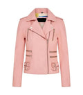 Front view of Ella baby pink leather biker jacket featuring asymmetrical zipper, lapel collar, multi-zipper pockets, and side buckles.