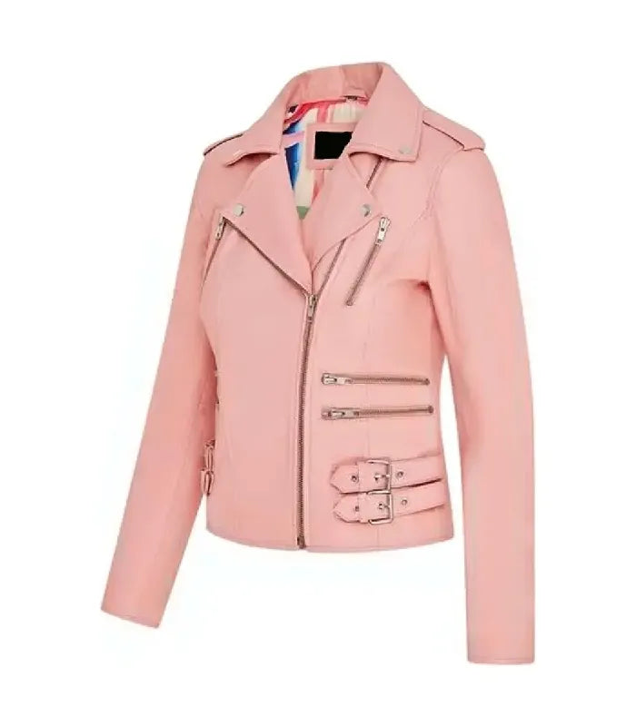 Angled view of Ella baby pink leather biker jacket showcasing structured fit, silver zippers, side buckles, and printed inner lining.