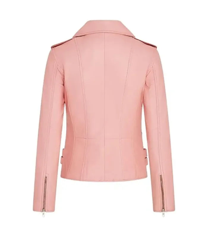 Rear view of Ella baby pink leather biker jacket featuring clean structured paneling, shoulder epaulets, zippered cuffs, and side adjustment straps.