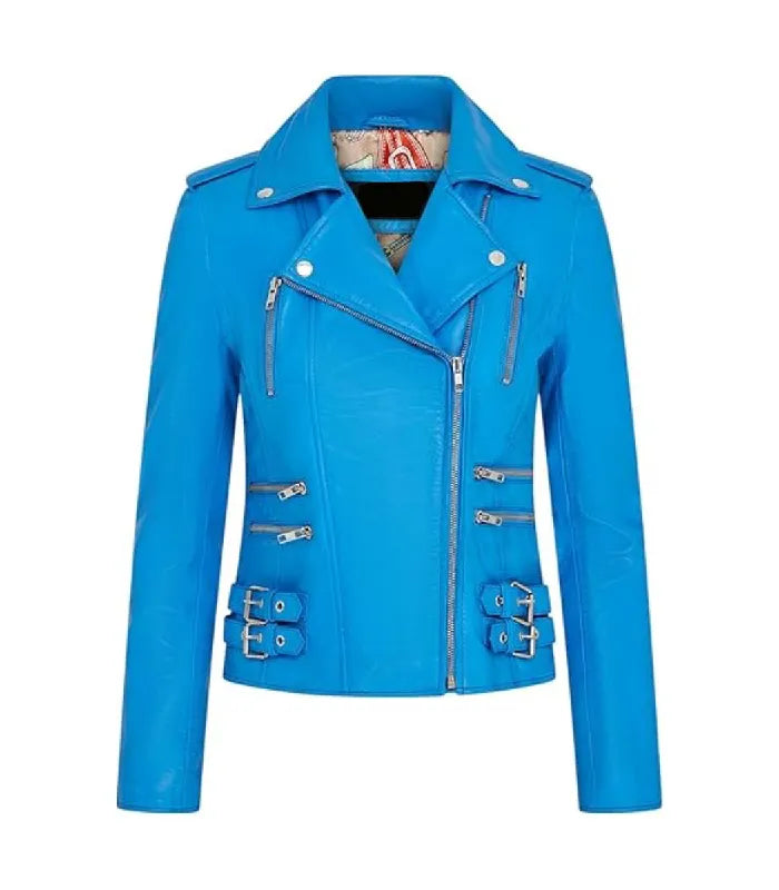 Front view of Ella blue leather biker jacket featuring asymmetrical zipper, lapel collar, multi-zipper pockets, and side buckles.
