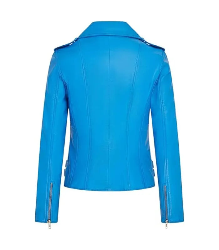 Rear view of Ella blue leather biker jacket featuring clean structured paneling, shoulder epaulets, zippered cuffs, and side adjustment straps.