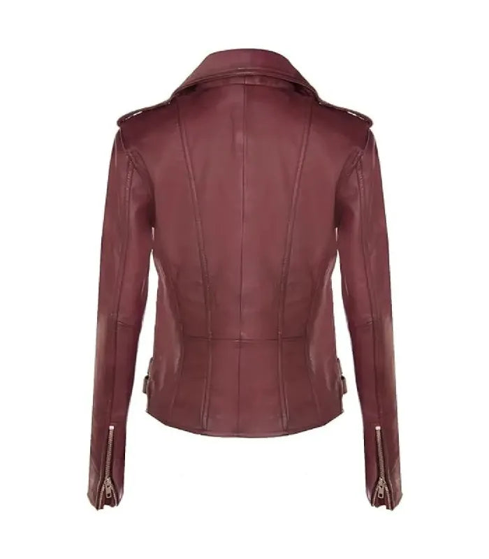 A dark burgundy leather moto jacket shown from the back, featuring a high collar, vertical seam detailing and silver zipper accents on the sleeves, set against a plain white background.