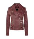 Front view of Ella burgundy leather biker jacket featuring asymmetrical zipper, lapel collar, multi-zipper pockets, and side buckles.