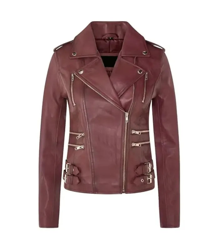 Front view of Ella burgundy leather biker jacket featuring asymmetrical zipper, lapel collar, multi-zipper pockets, and side buckles.