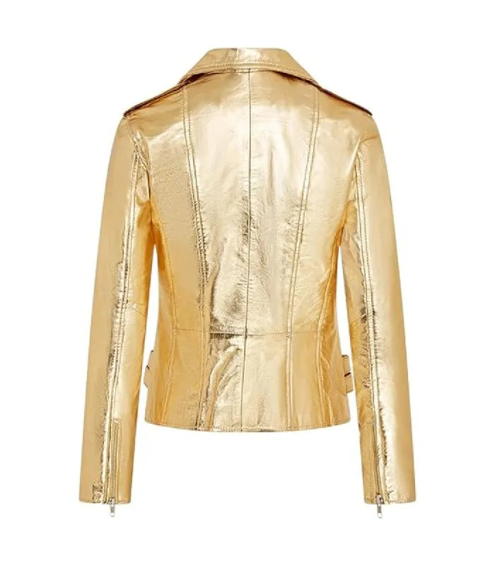 Rear view of Ella gold leather biker jacket featuring clean structured paneling, shoulder epaulets, zippered cuffs, and side adjustment straps.