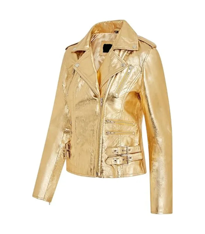 Three-quarter view of Ella gold leather biker jacket showcasing metallic finish, silver zippers, side buckles, and inner lining.