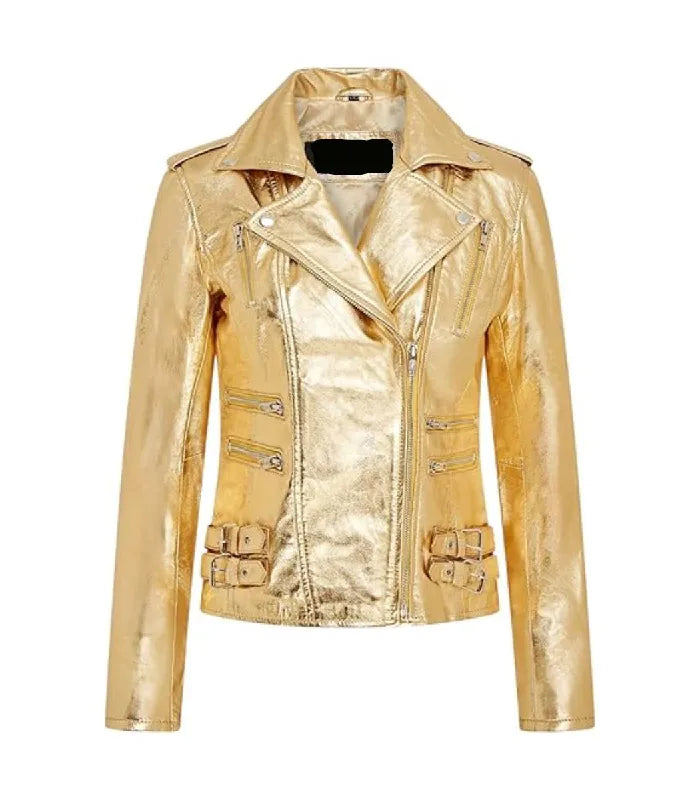 A metallic gold real leather moto jacket with an asymmetrical zipper, silver snap details and buckle accents on the lower front, shown against a plain white background.