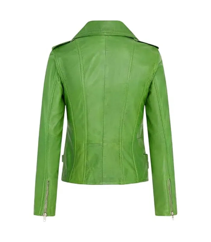 Rear view of Ella green leather biker jacket featuring clean structured paneling, shoulder epaulets, zippered cuffs, and side adjustment straps.