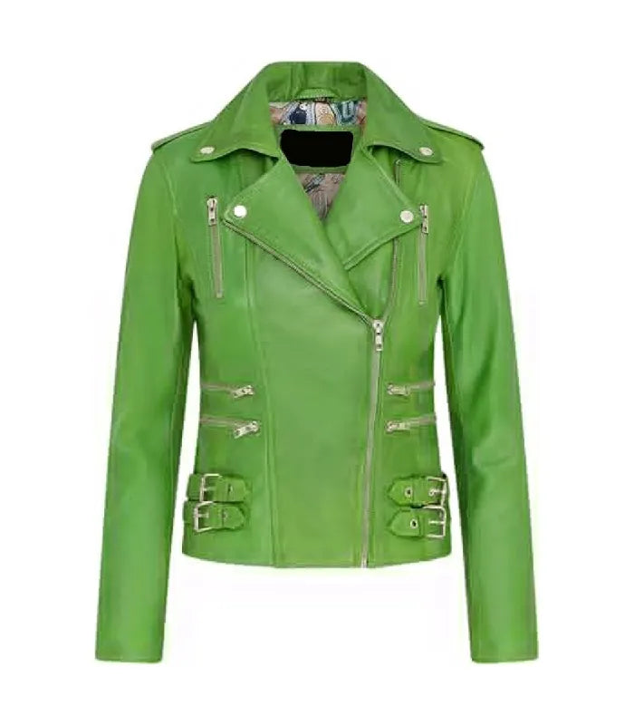 Front view of Ella green leather biker jacket featuring asymmetrical zipper, lapel collar, multi-zipper pockets, and side buckles.