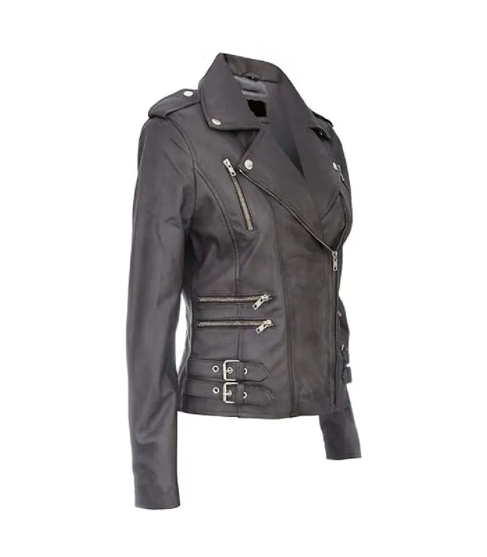 Three-quarter view of Ella grey leather biker jacket showcasing charcoal tone, silver zippers, side buckles, and inner lining.
